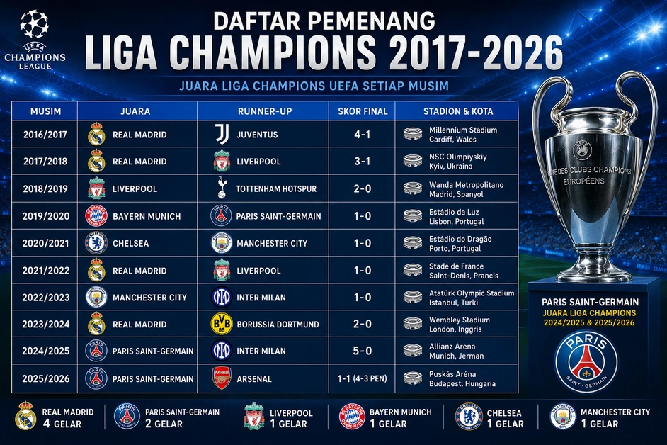 Daftar pemenang Liga Champions UEFA 2017-2026 lengkap dengan juara, runner-up, dan skor final setiap musim.